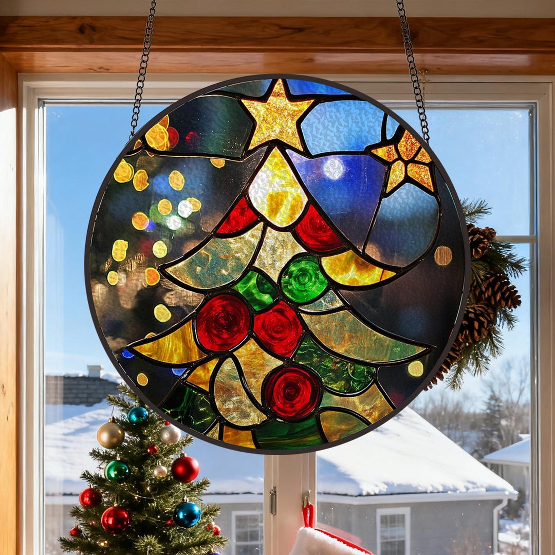 Festive Stained Glass Christmas Tree Suncatcher, Christmas Ornament ...