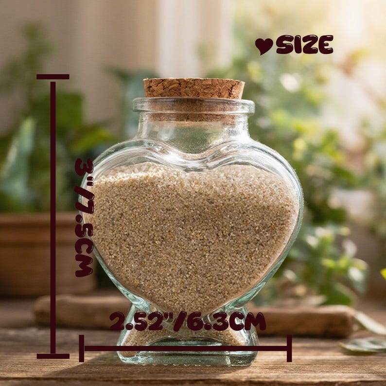 May include: A clear glass heart-shaped jar filled with beige sand and topped with a cork stopper. The jar measures 3 inches in height and 2.52 inches in width. The text "SIZE" is printed in the upper right corner with a heart symbol.