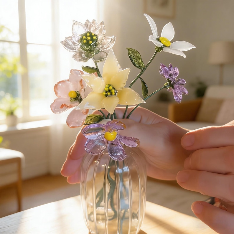 May include: A clear glass vase holding a bouquet of colorful glass flowers. The flowers include white, yellow, pink, and purple blooms with green stems and leaves. The vase is held by a person.