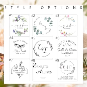 May include: A grid of nine square style options for custom stamps, each featuring unique black ink designs including floral wreaths, wedding rings, and personalized text with names and dates like 07.10.2025, 06.17.2025, 04.19.2025, 06.16.2025, 08.29.2025, 10.17.2025, and 10.14.25.