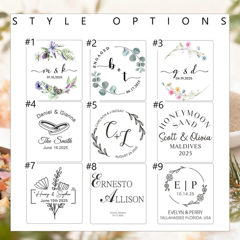 May include: A grid of nine square style options for custom stamps, each featuring unique black ink designs including floral wreaths, wedding rings, and personalized text with names and dates like 07.10.2025, 06.17.2025, 04.19.2025, 06.16.2025, 08.29.2025, 10.17.2025, and 10.14.25.