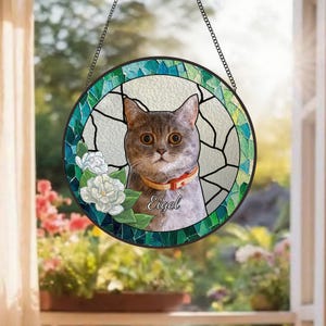 Personalized Cat Photo Memorial Stained Glass, Cat With Name Suncatcher, Cat Suncatcher, Cat Memorial Gift, Pet Sympathy Gift, Pet Loss Gift