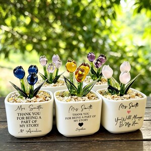 Personalized Teacher Mini Flower Pot, Handblown Glass Flower Pot with Name, Thank You for Helping Me Grow, Desk Table Decoration