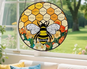 Bee Stained Glass Suncatcher,Bee Wildflower Glass Ornament,Honeybee Gift for Garden Lovers,Classroom Decor for Bee,Personalized Teacher Gift