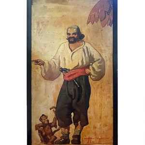 May include: A painting of a man with a beard and a monkey. The man is wearing a white shirt, red sash, and dark pants. He is pointing to the right. The monkey is sitting on the ground and looking at the man.