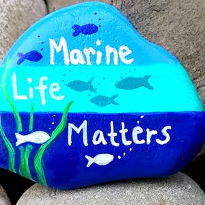 Marine life matters hand painted rock,  environmental awareness painted rock, fish painted rock, ocean painted rock
