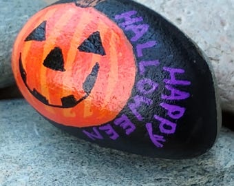 Hand Painted Halloween Pumpkin Rock, Jack-o-Lantern Decor