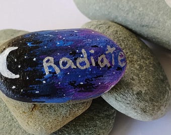 Cosmic Hand-Painted Rock: Moon & Stars, Inspirational Quote