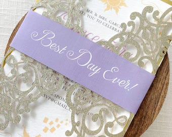 Rapunzel Quinceañera Invitation Tangled Princess Theme, Handmade Lavender & Gold Luxury Quince Invite with Glitter Laser Cut Pocket Sweet 16