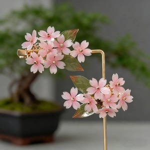 Handmade Pink Cherry Blossom Hair Clips, Gold Metal Barrettes, Retro Palace Style.