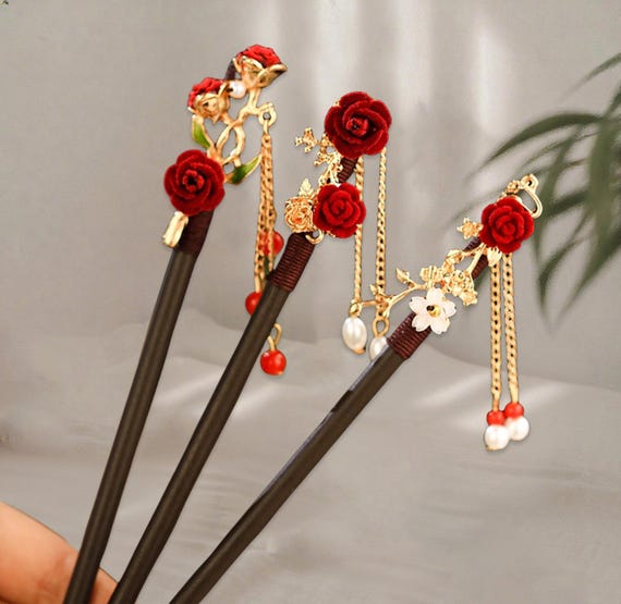 Vintage Red Rose Hair Sticks: Gold Chains, Pearl Tassels  display picture 3
