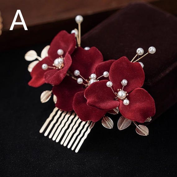 Flower Accessories,burgundy Red Pearl Bridal Hair Clips,vintage