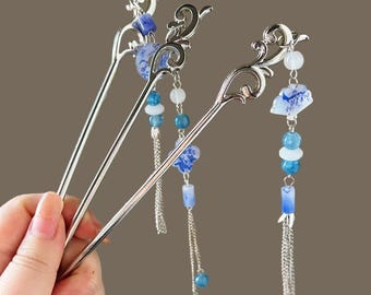Hairpin with Blue and White Porcelain Accents,Dainty Beaded Chains Hair Sticks,Hairpin for Traditional or Modern Hairstyles