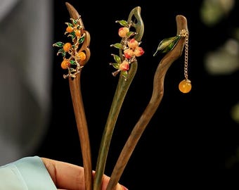 Wooden Hair Sticks with Fruit Embellishments,Retro Accessories, Hair Chopsticks for Hairstyles
