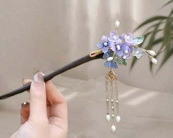 Purple Floral Hair Stick, Pearl Tassels, Vintage Wooden Hairpin.