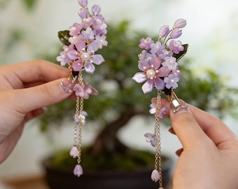 Pinces à cheveux fleuries, barrettes à pampilles fleurs violettes, accessoires faits main pour femme