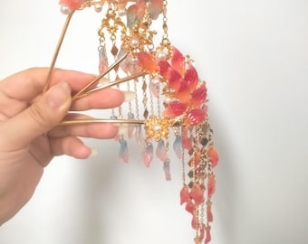 Elegant Traditional Chinese Hanfu Hairpin,Red Ornamental Hairpin,Gold-Tone Metal Hair Pin with Dangling,Weddings and Festivals Hair Stick