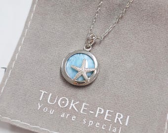 Larimar Star Sterling Silver Necklace, Boho Turquoise Jewelry