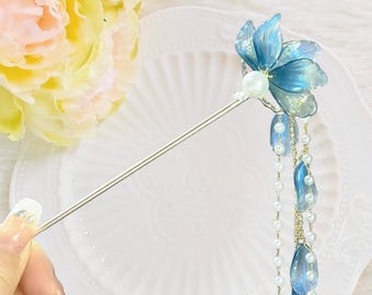 Grampo de cabelo elegante com flor azul, borlas de pérolas e contas, acessório tradicional de Hanfu, grampo de cabelo vintage estiloso para mulheres e meninas
