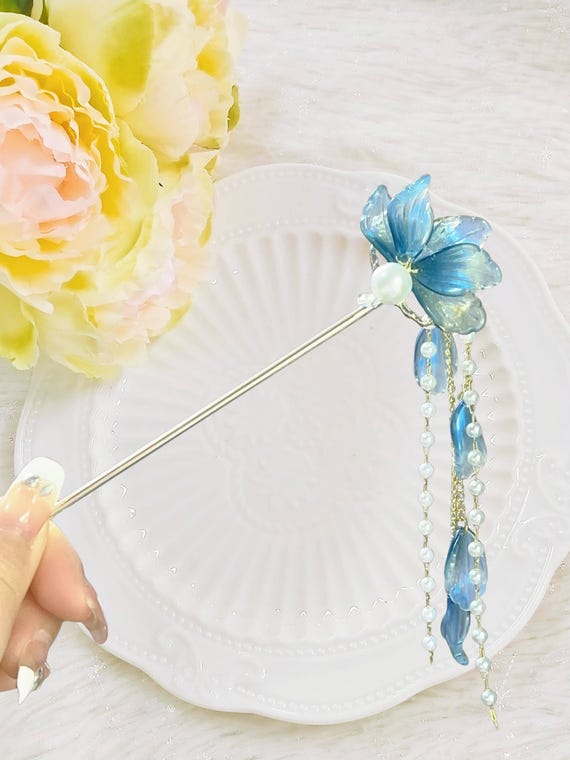 Elegant Blue Flower Hair Pin,pearl and Bead Tassels Hair  display picture 1
