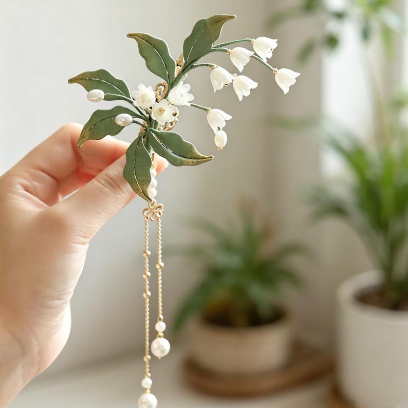 May include: A hair accessory featuring a cluster of white lily of the valley flowers and green leaves. The design includes delicate gold-toned chains hanging downward, accented with small white spherical beads that resemble pearls.