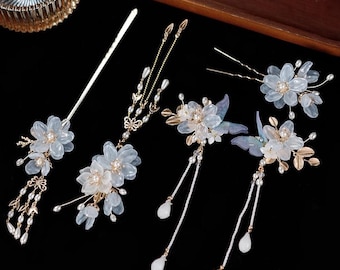 Handmade Light Blue Flower Hair Accessories, Pearl Tassels, Retro Palace Style.