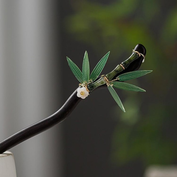 Bamboo Hair Stick,Handmade Wood Hair Pin,Enamel Leaves Hairpin,Elegant Accessory for Women