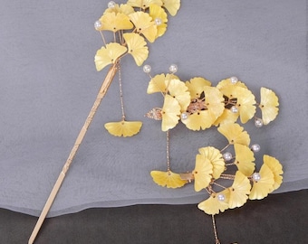 Accesorios de hoja de ginkgo, palitos amarillos, elegantes adornos para el cabello para mujer, joyería nupcial para fiestas.