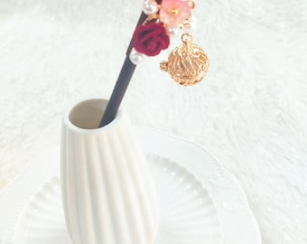 Vintage Black Wood Hair Stick,Pearl, Rose and Pendant Hairpin, Traditional Hanfu Hairpin for Women, Elegant Chinese Style Hair Accessory
