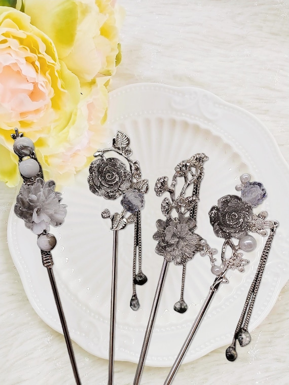 Elegant Vintage Silver Hair Pins,crystal Flowers and Pearl  display picture 2