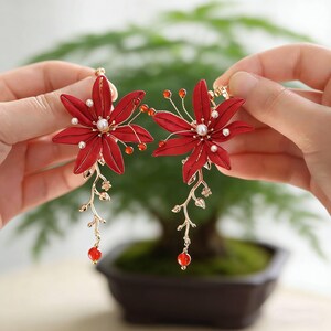 Handmade Red Flower Dangle Earrings,Gold Branch Earrings,Wedding,Hanfu,Party,Daily Wear Earring