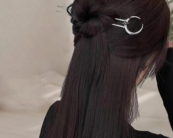 Moon Crescent Hair Stick,silver-tone Metal Hair Pin With Black Gem