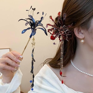 Flower Hair Stick,Red and Blue Handmade Tassel Hairpin, Retro Hair Accessory