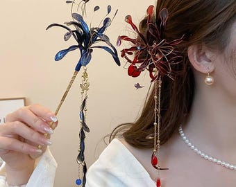Flower Hair Stick,Red and Blue Handmade Tassel Hairpin, Retro Hair Accessory