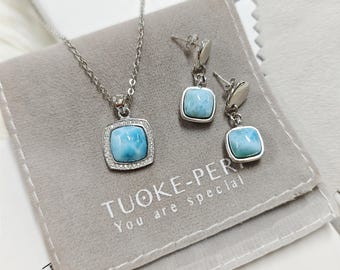 Birthday Gifts, Larimar Necklace, Sea Gem Earrings, Women Jewelry, Silver Stud Earrings, Handmade Ring, Layered Crystal Necklace