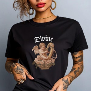 Vintage Cherub Angel T-Shirt with Harp, Roses & Aesthetic Design – Celestial Baddie Style Graphic Tee for Streetwear And Trendy Outfits
