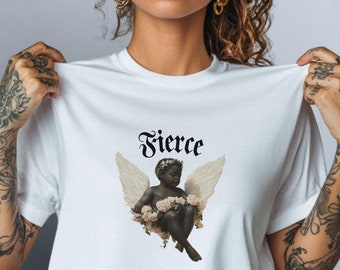 Camiseta gráfica de querubín feroz, diseño de ángel de ropa urbana