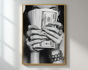 Plakat z motywem pieniędzy – ścienna sztuka z motywem złych ludzi z pieniędzmi i pierścionkami z diamentami | Luksusowy, efektowny nadruk do odważnych, zachwycających wnętrz