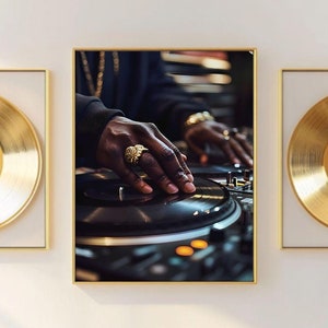 Lámina artística de DJ de hip-hop de los 90: vinilo de la vieja escuela, decoración de la época dorada