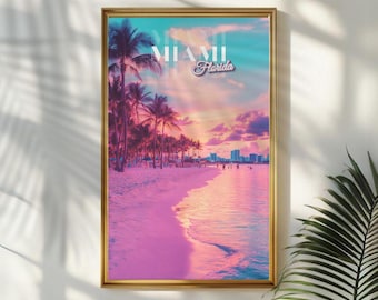 Miami Beach Sunset Poster: Retro Palm Tree Art