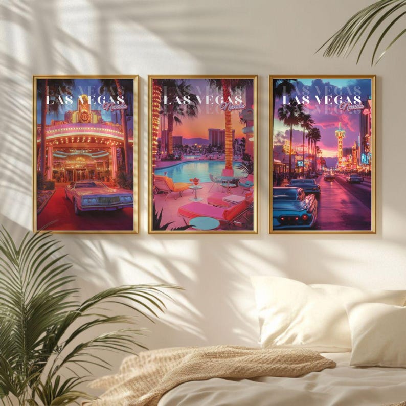 Retro Las Vegas Street Poster, Neon Lights, Classic Cars, Vibrant