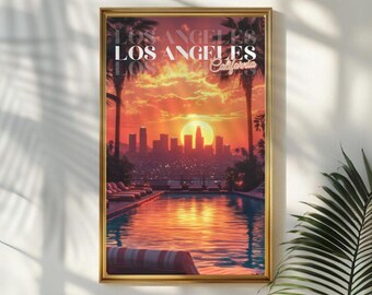 Impresión artística retro del atardecer en Los Ángeles: vista de la piscina de mediados de siglo