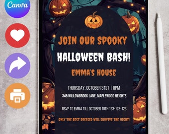 May include: A Halloween party invitation with a dark background and orange pumpkins. The text reads "Join our spooky Halloween Bash! Emma's House. Thursday, October 31st | 8PM. 345 Willowbrook Lane, Maplewood Heights. RSVP to Emma till October 10th 123-123-123. Only the best dressed will survive the night!"