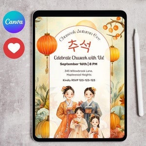Modelo de convite Chuseok | Celebração da noite de outono coreana | Colheita de meio de outono | Convite Hangawi | Canva editável | Download instantâneo