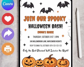 May include: A digital invitation for a Halloween party with the text "Join our spooky Halloween Bash!" and a black bat illustration. The invitation includes the date, time, address, and RSVP information. The bottom of the invitation features a row of three orange jack-o'-lantern pumpkins.