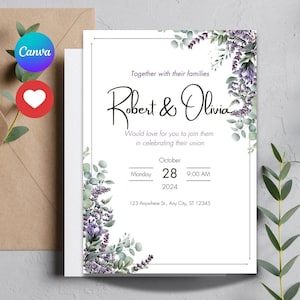 Set di modelli di inviti di nozze floreali viola lavanda, modello modificabile Canva per inviti di nozze, eleganti dettagli di inviti con fiori Set RSVP