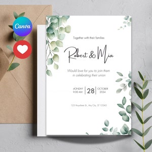 Minimalist Green Wedding Invitation Template Set, Canva Editable Template Wedding Invites, Elegant Leaves Invitation Details RSVP Set