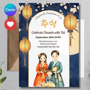 Modelo de convite Chuseok | Celebração da noite de outono coreana | Colheita de meio de outono | Convite Hangawi | Canva editável | Download instantâneo 추석