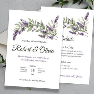 Set di modelli di inviti di nozze floreali viola lavanda, modello modificabile Canva per inviti di nozze, eleganti dettagli di inviti con fiori Set RSVP