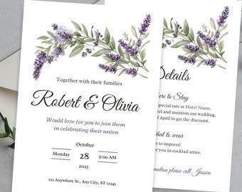 Lavender Floral Wedding Invitation Set: Elegant Canva Template (Digital Download)